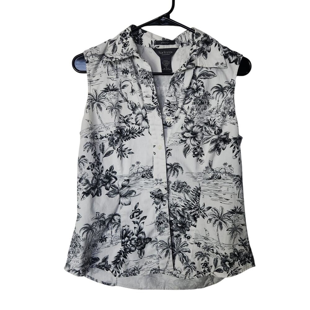 Van Heusen Black White Floral Tropical Print Button Up Sleeveless Blouse Medium